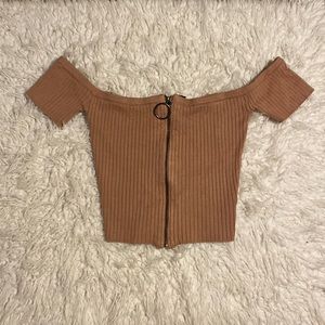 Windsor Black Off the Shoulder Zip Up Crop Top